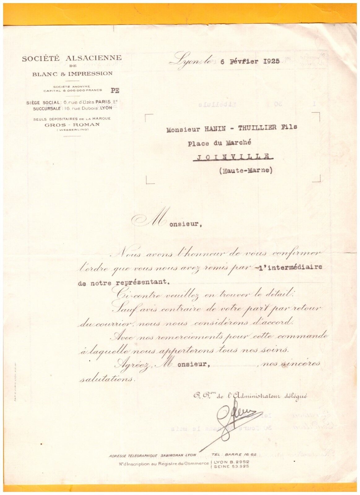 LYON (69) Société ALSACIENNE DE BLANC & IMPRESSION "GROS - ROMAN" en 1925